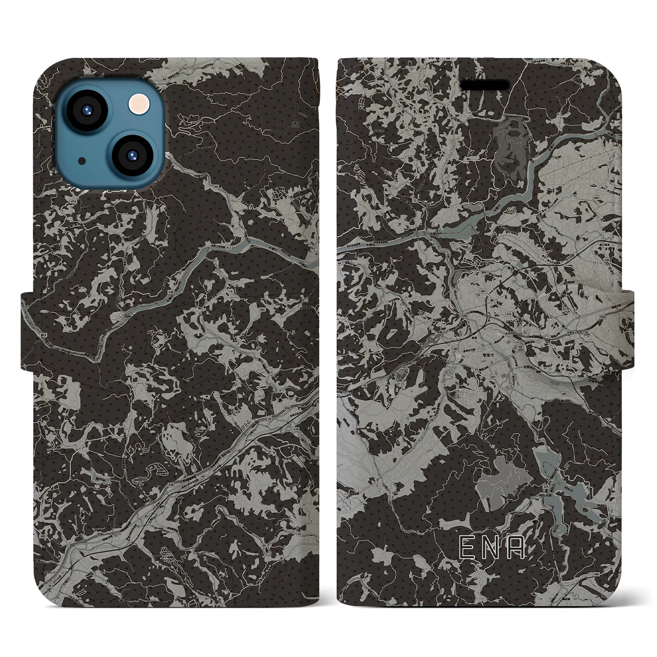 【恵那(岐阜県)】地図柄iPhoneケース(手帳タイプ)モノトーン・iPhone 13 用