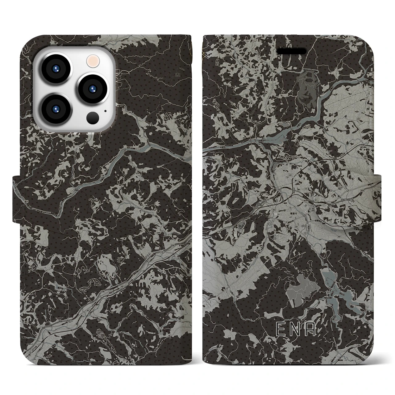 【恵那(岐阜県)】地図柄iPhoneケース(手帳タイプ)モノトーン・iPhone 13 Pro 用