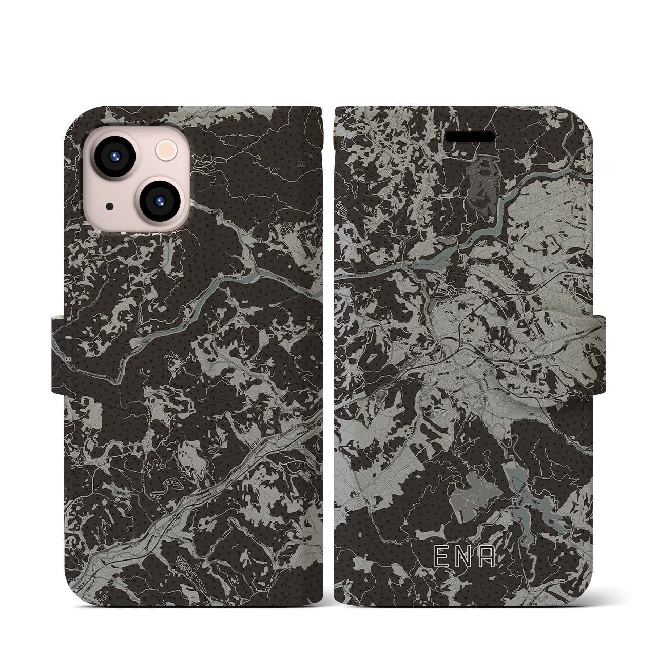 【恵那(岐阜県)】地図柄iPhoneケース(手帳タイプ)モノトーン・iPhone 13 mini 用