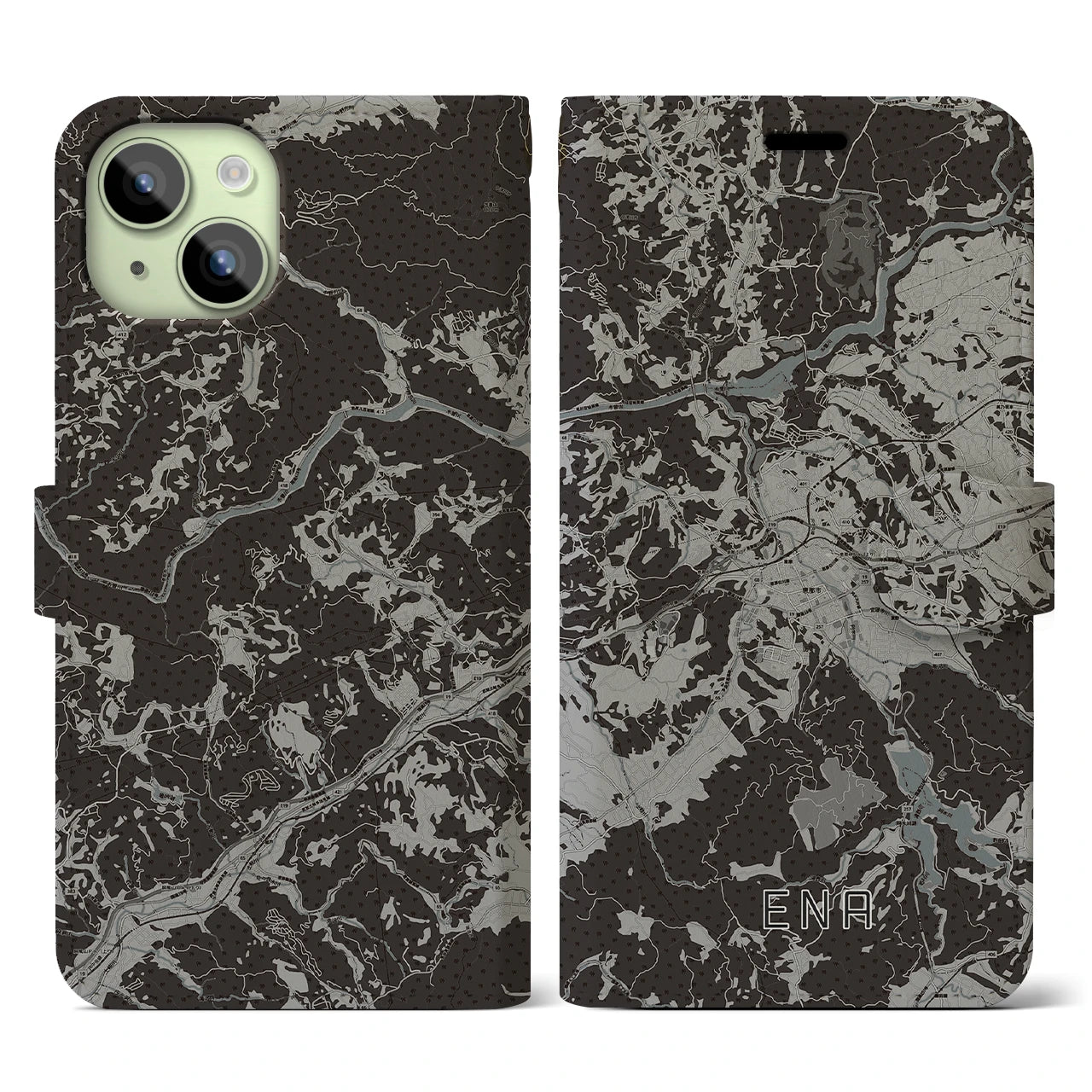 【恵那(岐阜県)】地図柄iPhoneケース(手帳タイプ)モノトーン・iPhone 15 用