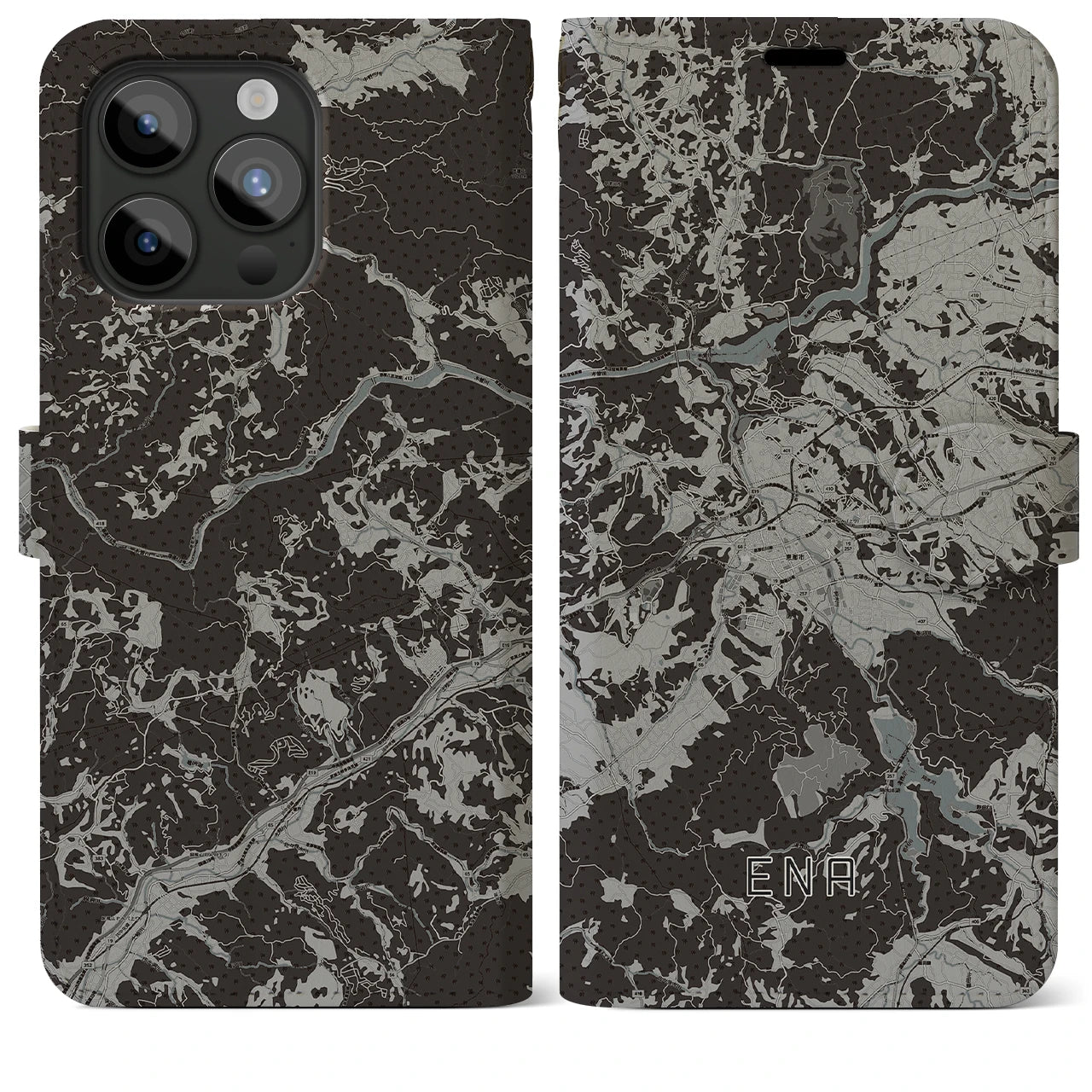 【恵那(岐阜県)】地図柄iPhoneケース(手帳タイプ)モノトーン・iPhone 15 Pro Max 用