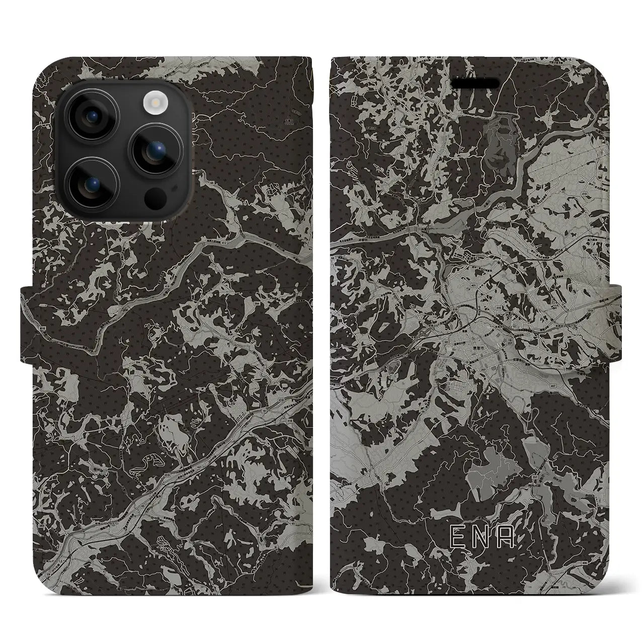 【恵那(岐阜県)】地図柄iPhoneケース(手帳タイプ)モノトーン・iPhone 16 用