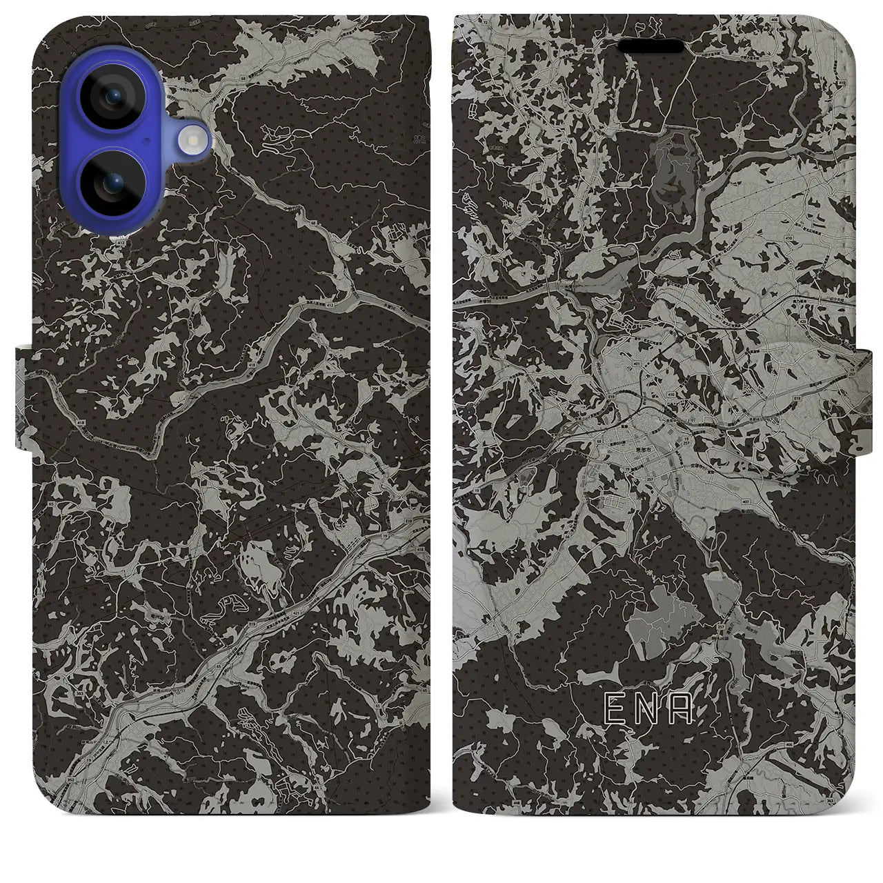 【恵那(岐阜県)】地図柄iPhoneケース(手帳タイプ)モノトーン・iPhone 16 Pro Max 用