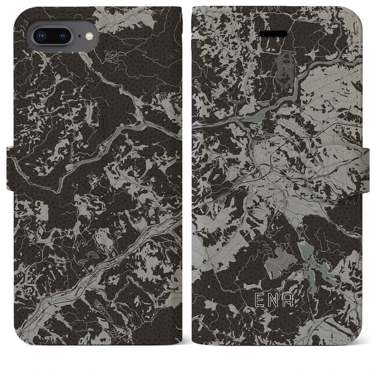 【恵那(岐阜県)】地図柄iPhoneケース(手帳タイプ)モノトーン・iPhone 8Plus /7Plus / 6sPlus / 6Plus 用