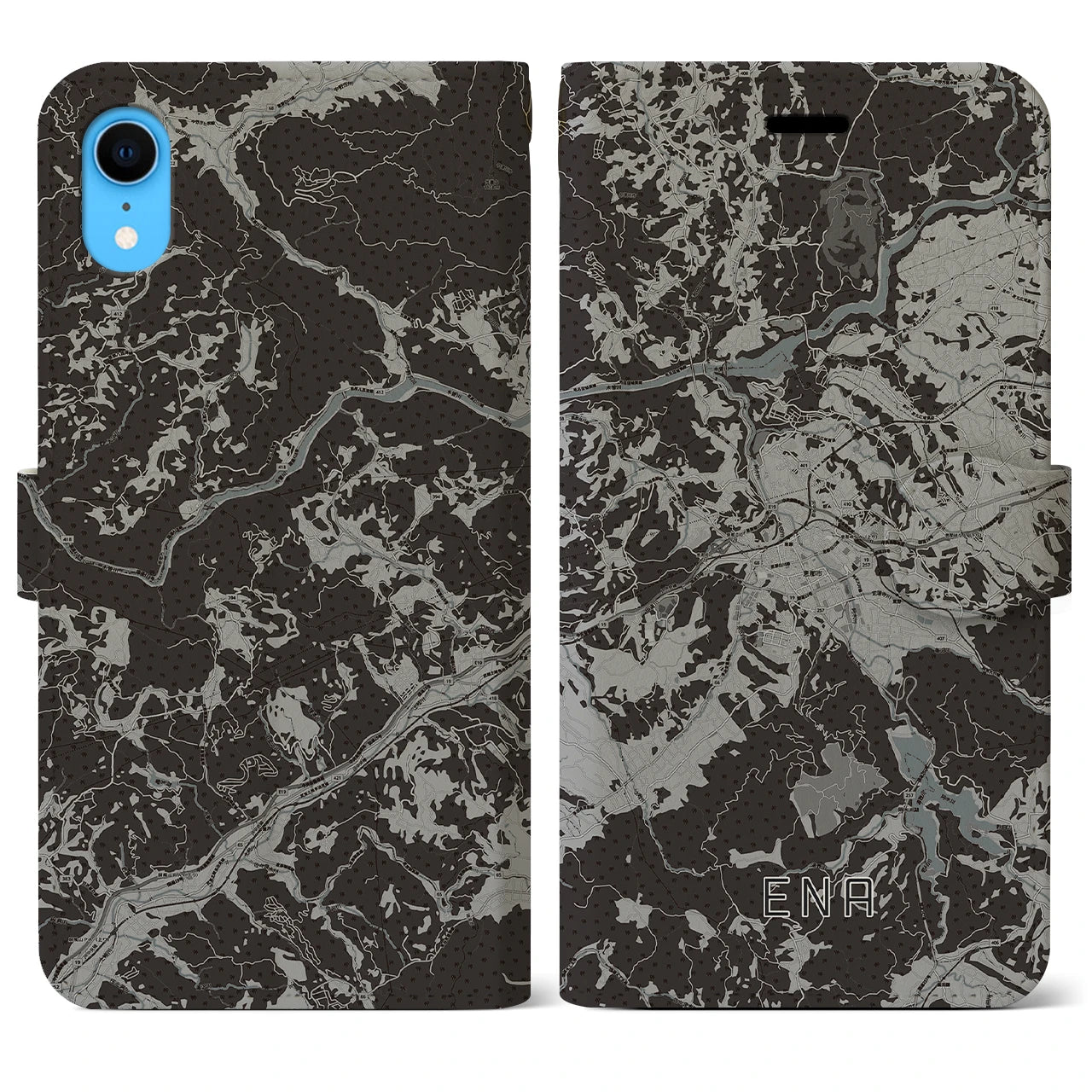 【恵那(岐阜県)】地図柄iPhoneケース(手帳タイプ)モノトーン・iPhone XR 用