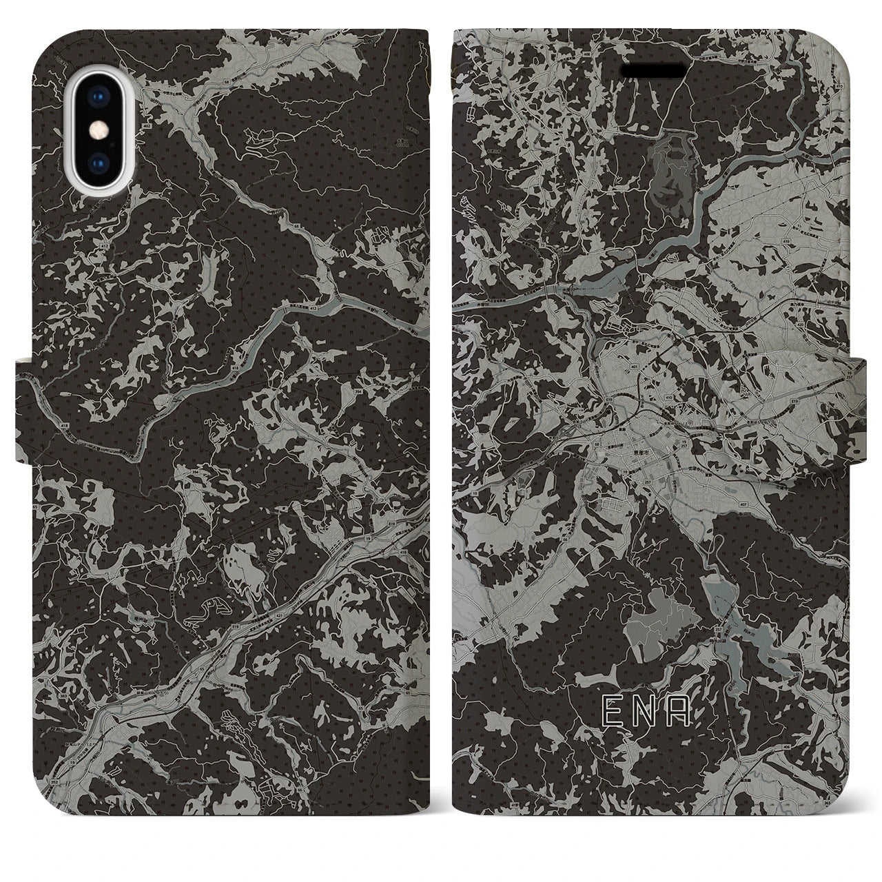 【恵那(岐阜県)】地図柄iPhoneケース(手帳タイプ)モノトーン・iPhone XS Max 用