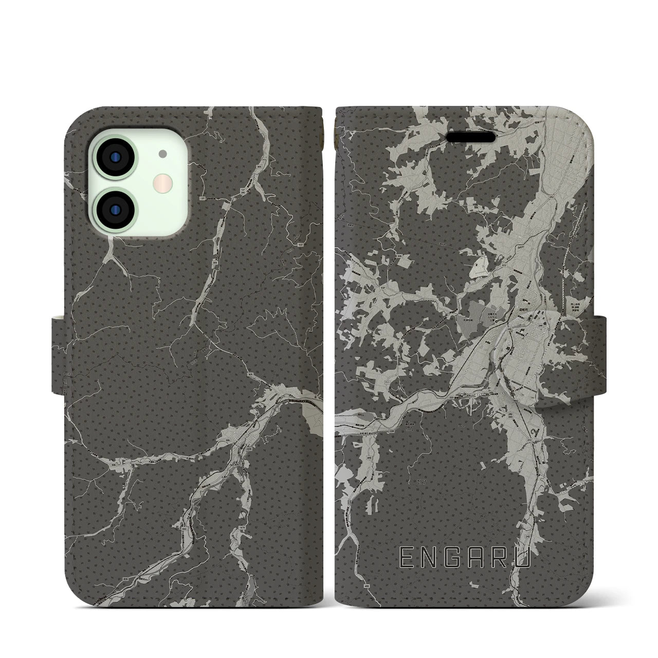 【遠軽(北海道)】地図柄iPhoneケース(手帳タイプ)モノトーン・iPhone 12 mini 用