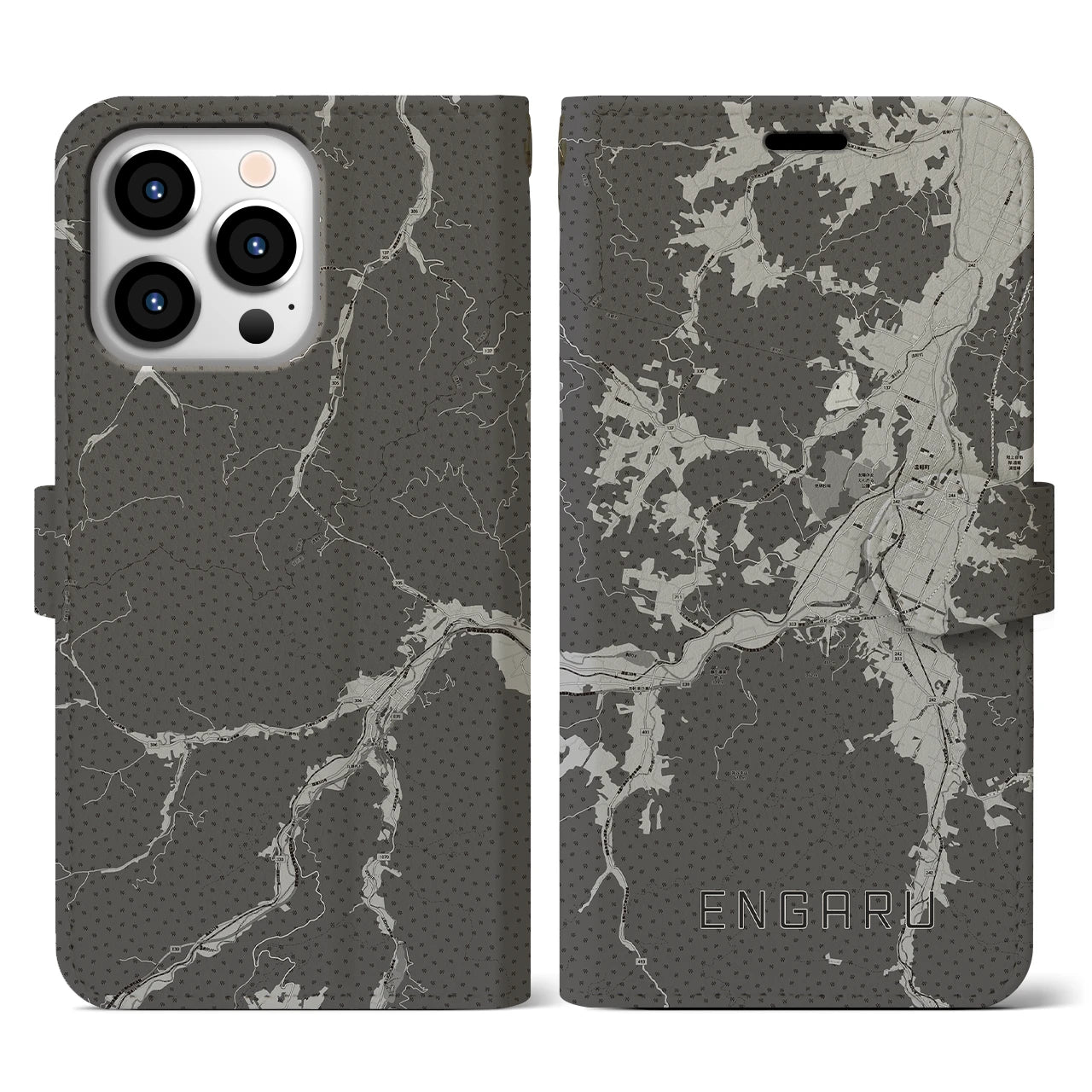 【遠軽(北海道)】地図柄iPhoneケース(手帳タイプ)モノトーン・iPhone 13 Pro 用