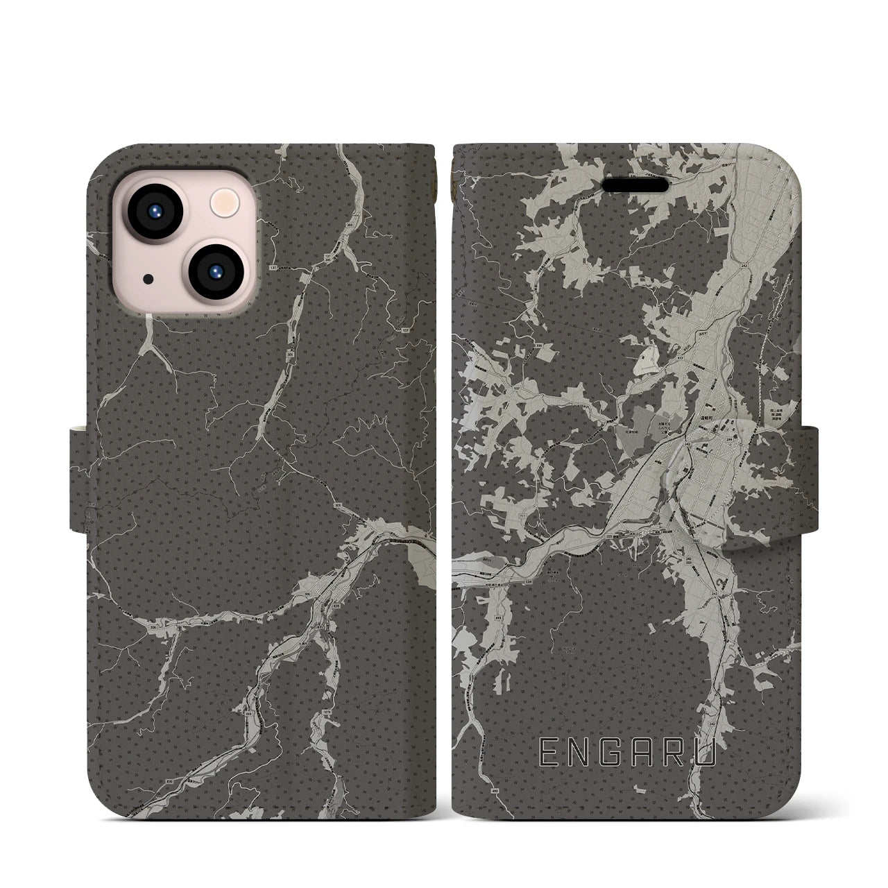 【遠軽(北海道)】地図柄iPhoneケース(手帳タイプ)モノトーン・iPhone 13 mini 用