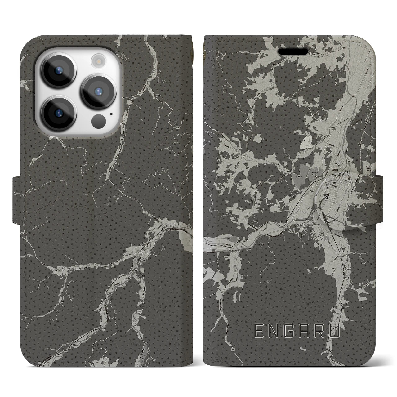 【遠軽(北海道)】地図柄iPhoneケース(手帳タイプ)モノトーン・iPhone 14 Pro 用
