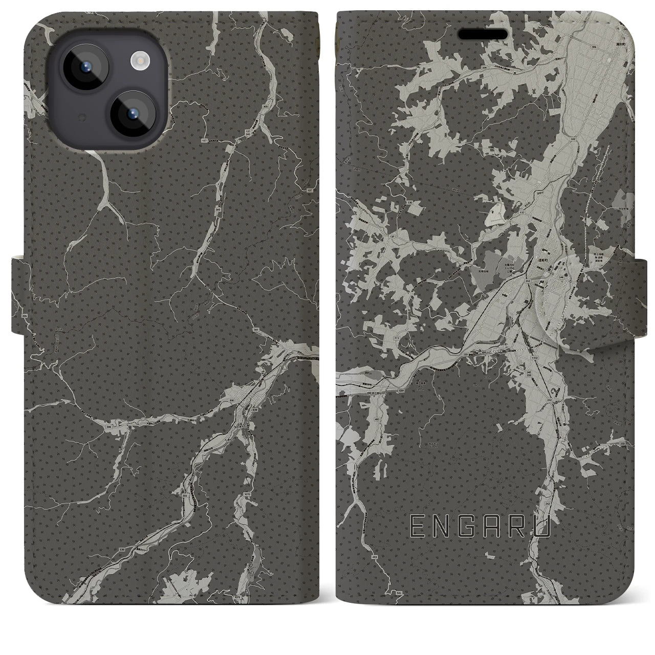 【遠軽(北海道)】地図柄iPhoneケース(手帳タイプ)モノトーン・iPhone 14 Plus 用