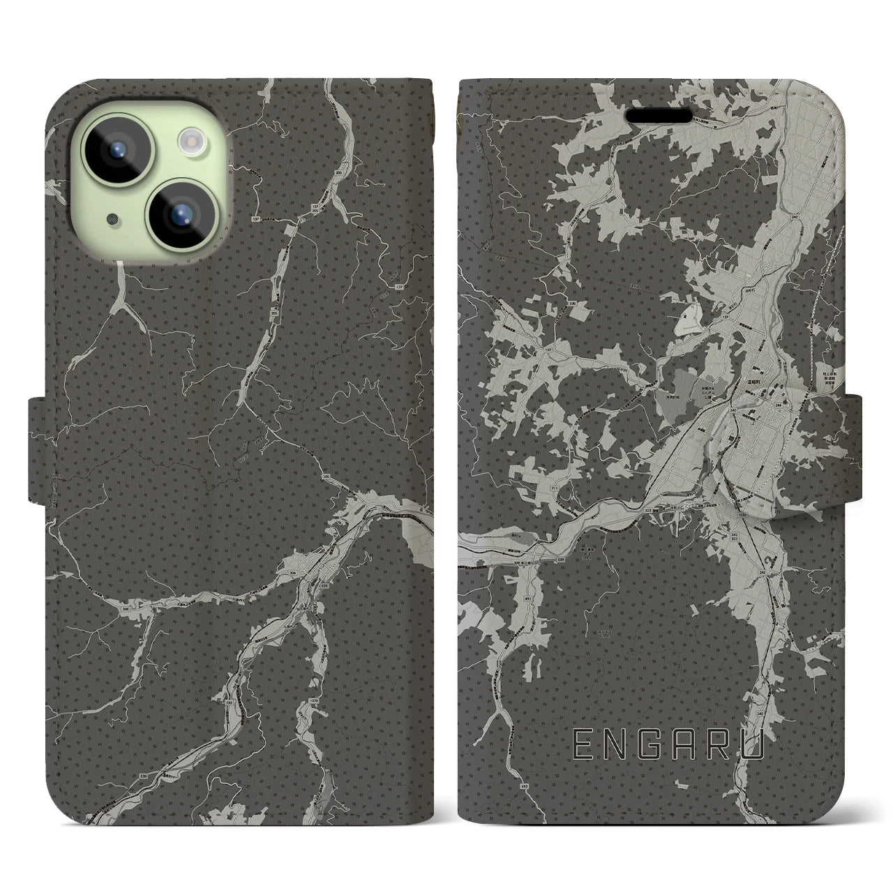 【遠軽(北海道)】地図柄iPhoneケース(手帳タイプ)モノトーン・iPhone 15 用
