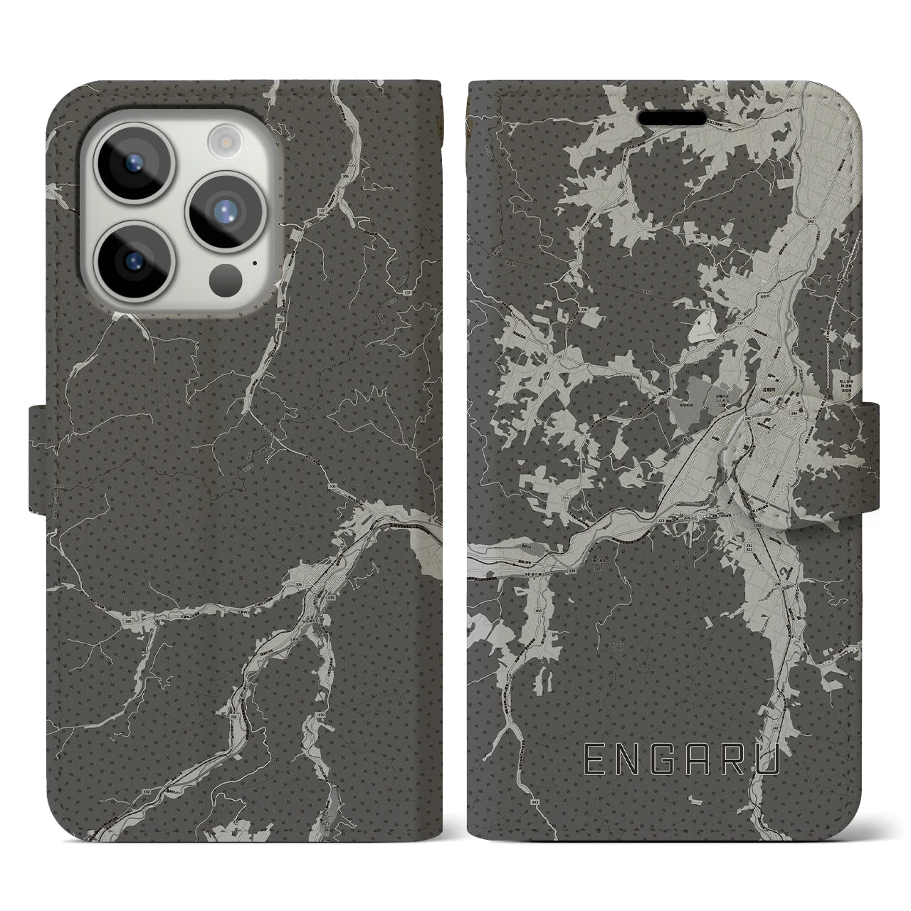 【遠軽(北海道)】地図柄iPhoneケース(手帳タイプ)モノトーン・iPhone 15 Pro 用