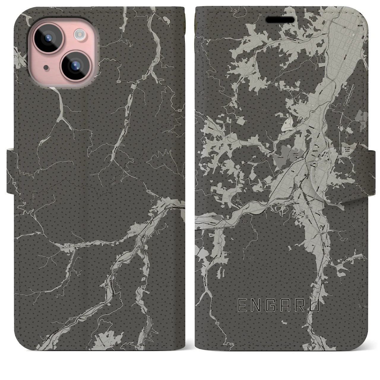 【遠軽(北海道)】地図柄iPhoneケース(手帳タイプ)モノトーン・iPhone 15 Plus 用