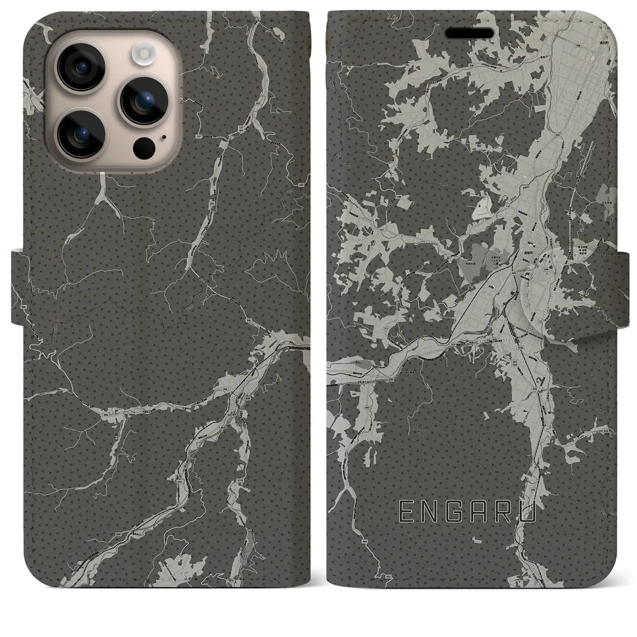 【遠軽(北海道)】地図柄iPhoneケース(手帳タイプ)モノトーン・iPhone 16 Plus 用