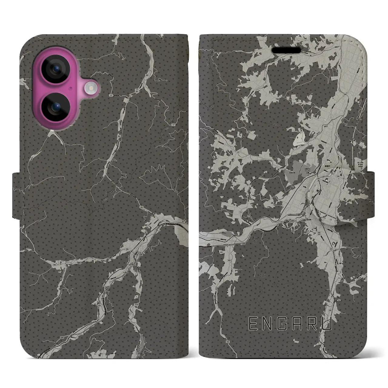 【遠軽(北海道)】地図柄iPhoneケース(手帳タイプ)モノトーン・iPhone 16 Pro 用