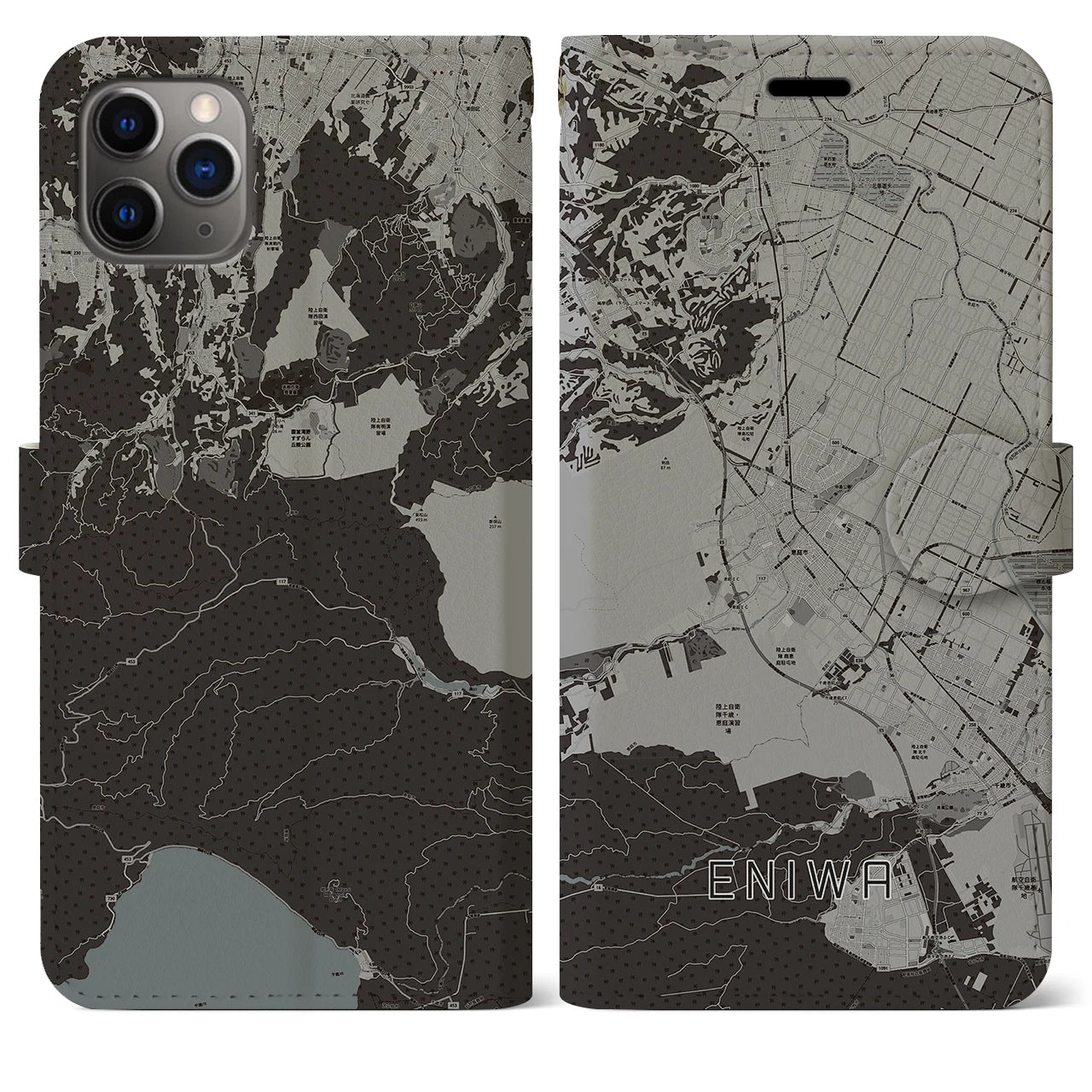 【恵庭(北海道)】地図柄iPhoneケース(手帳タイプ)モノトーン・iPhone 11 Pro Max 用
