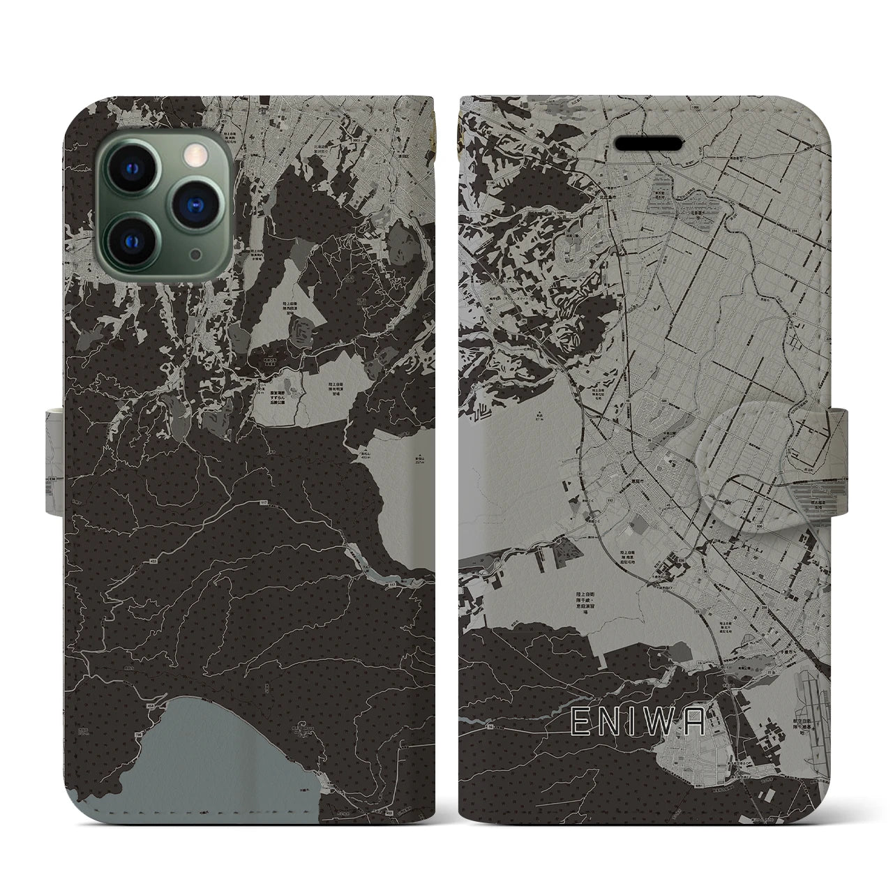 【恵庭(北海道)】地図柄iPhoneケース(手帳タイプ)モノトーン・iPhone 11 Pro 用