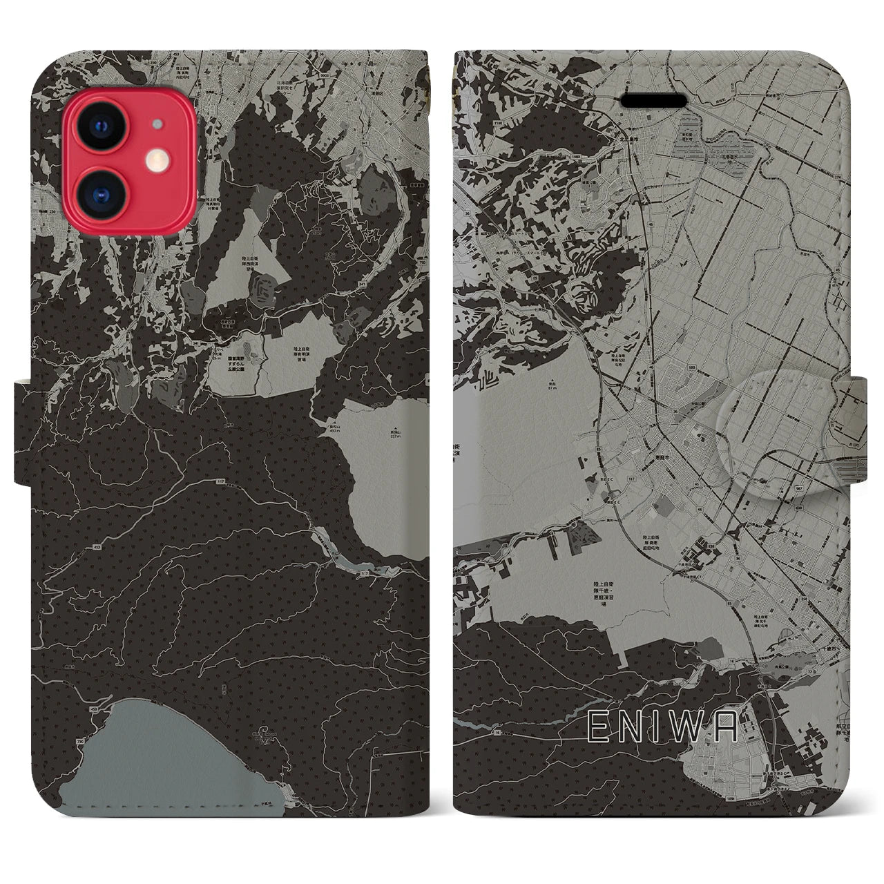 【恵庭(北海道)】地図柄iPhoneケース(手帳タイプ)モノトーン・iPhone 11 用