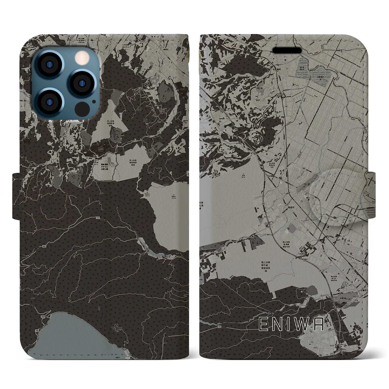 【恵庭(北海道)】地図柄iPhoneケース(手帳タイプ)モノトーン・iPhone 12 / 12 Pro 用
