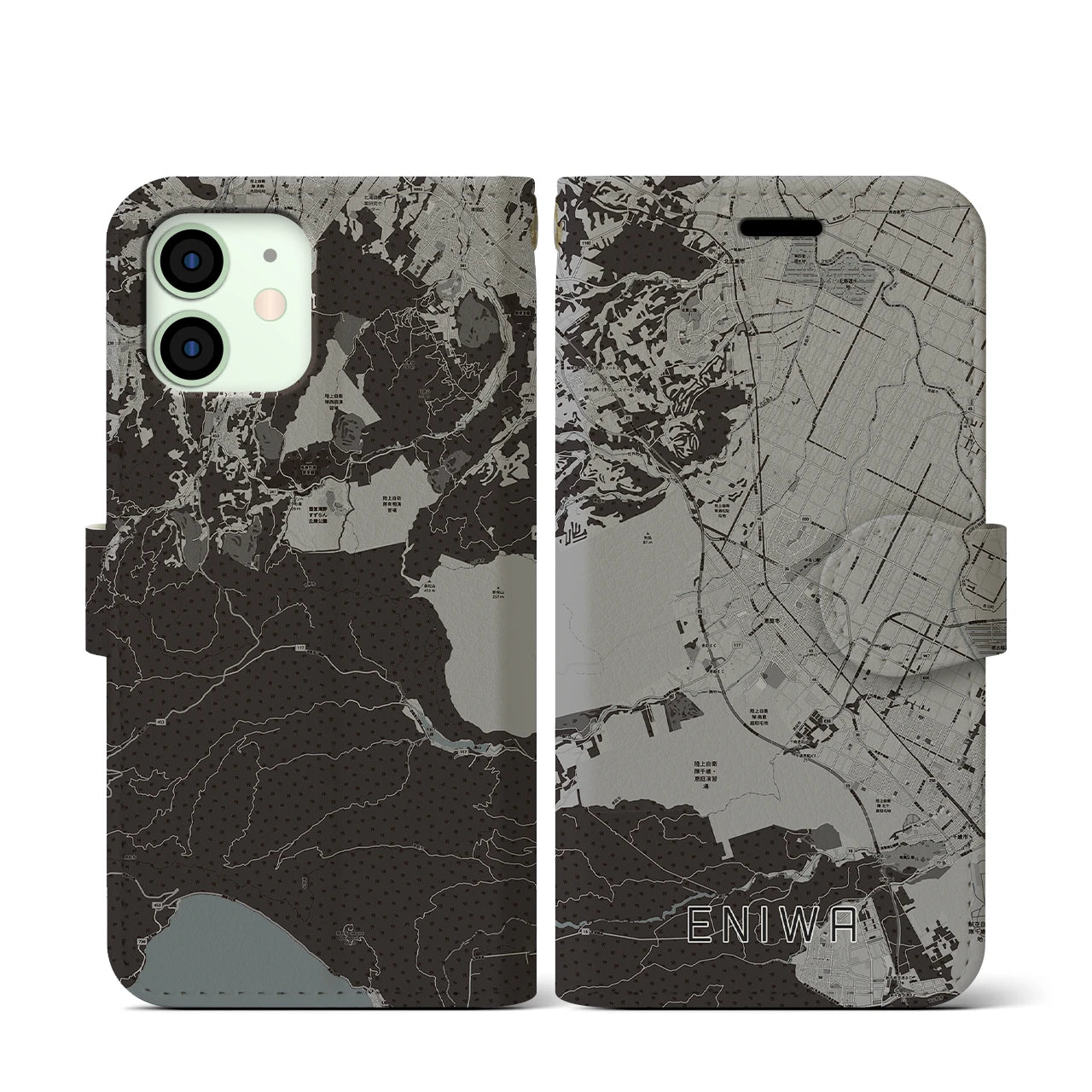【恵庭(北海道)】地図柄iPhoneケース(手帳タイプ)モノトーン・iPhone 12 mini 用