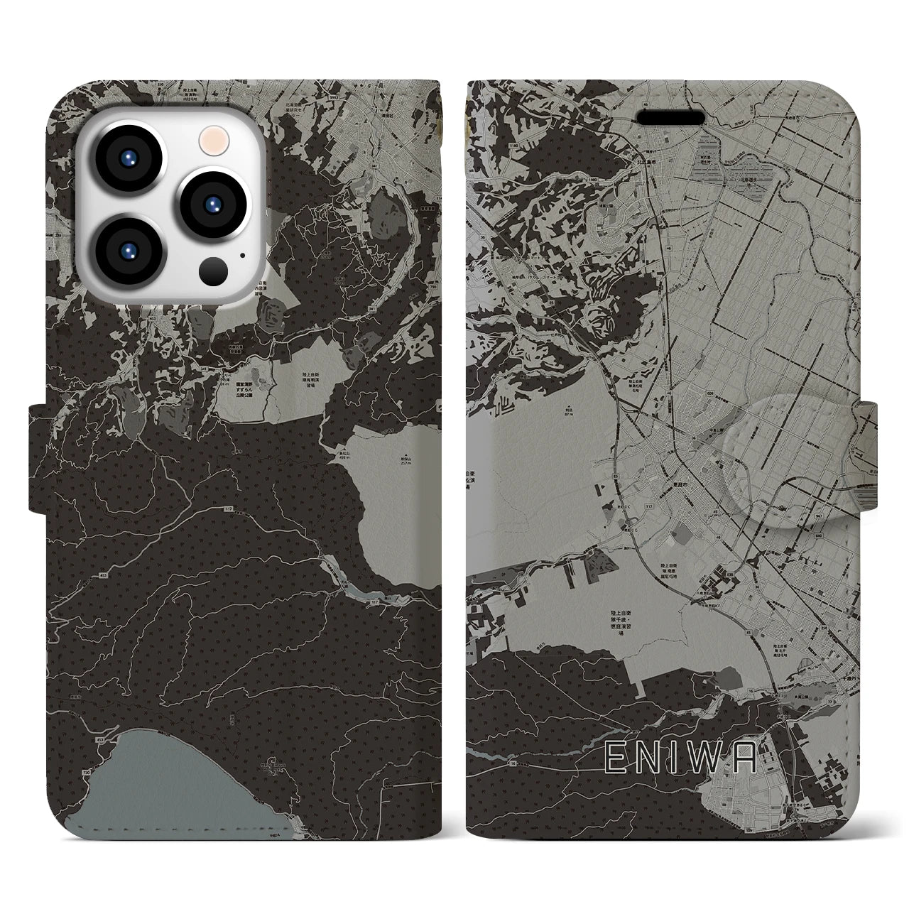 【恵庭(北海道)】地図柄iPhoneケース(手帳タイプ)モノトーン・iPhone 13 Pro 用