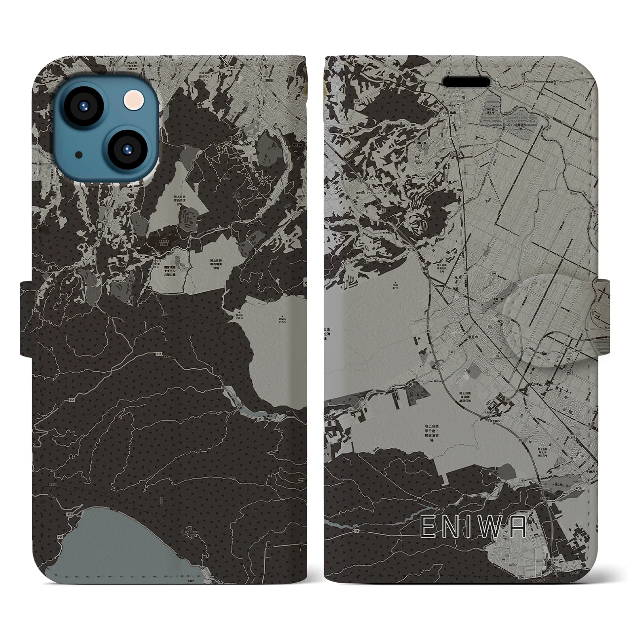 【恵庭(北海道)】地図柄iPhoneケース(手帳タイプ)モノトーン・iPhone 13 用