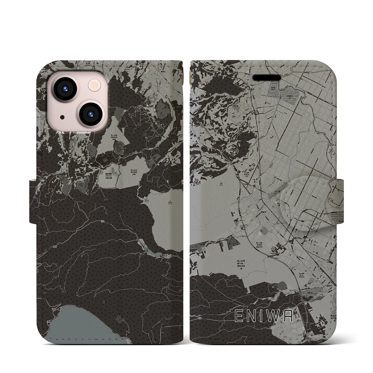 【恵庭(北海道)】地図柄iPhoneケース(手帳タイプ)モノトーン・iPhone 13 mini 用