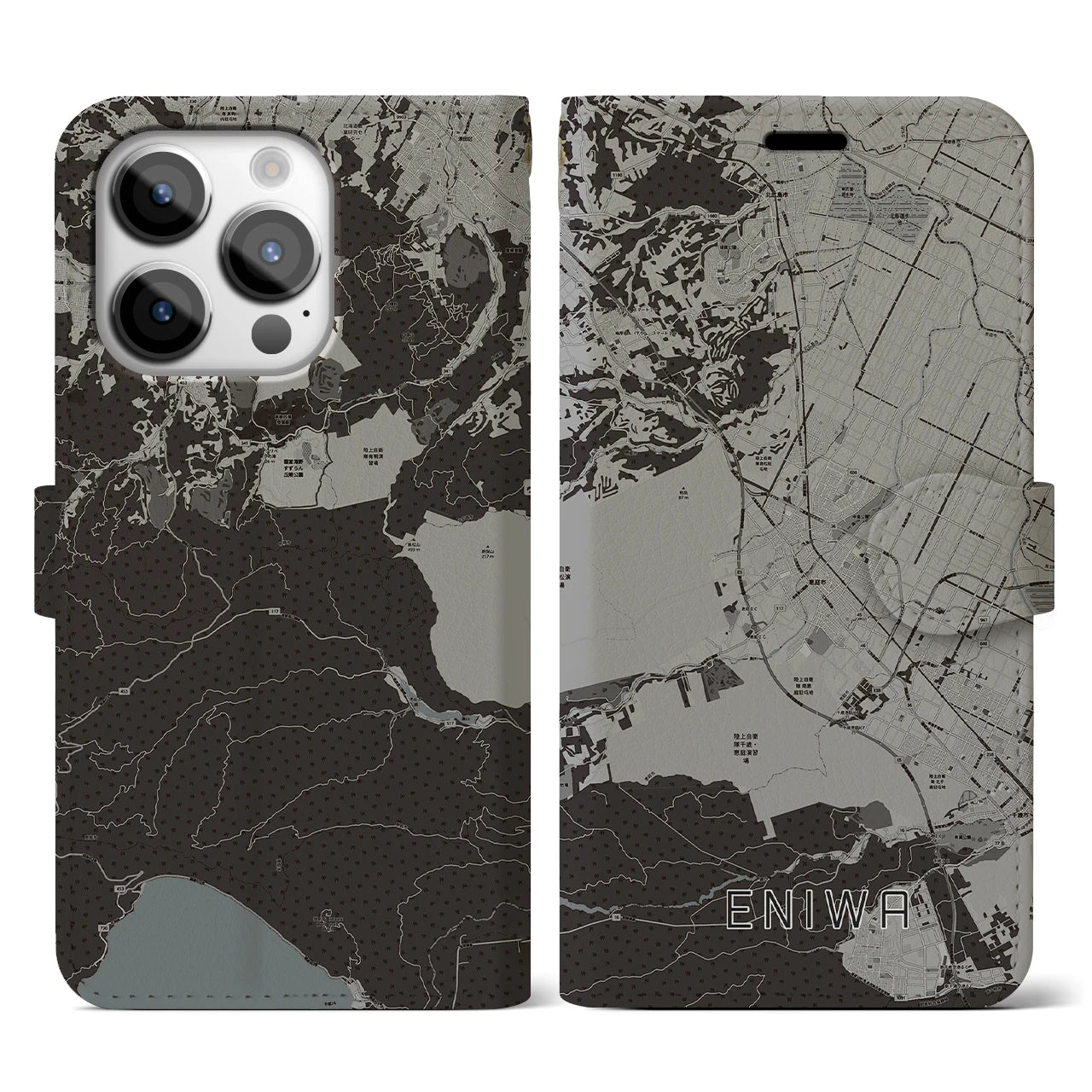 【恵庭(北海道)】地図柄iPhoneケース(手帳タイプ)モノトーン・iPhone 14 Pro 用