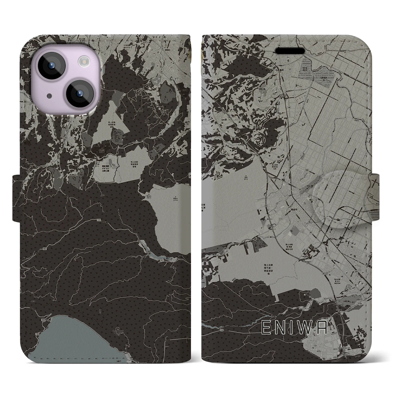 【恵庭(北海道)】地図柄iPhoneケース(手帳タイプ)モノトーン・iPhone 14 用