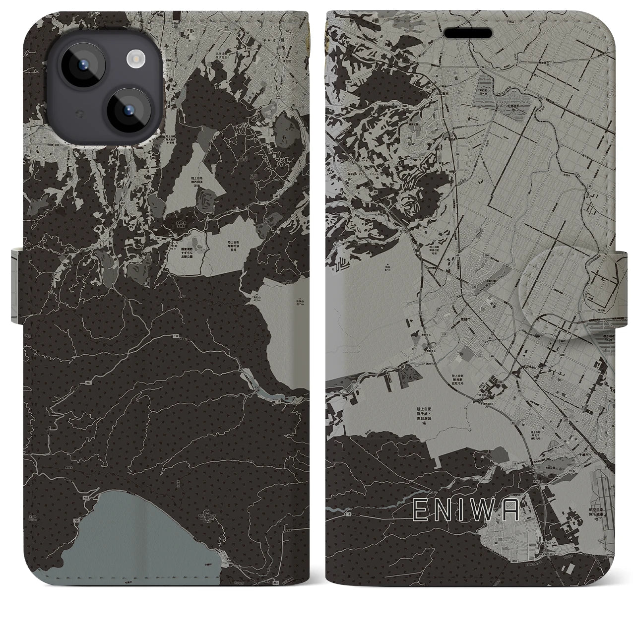 【恵庭(北海道)】地図柄iPhoneケース(手帳タイプ)モノトーン・iPhone 14 Plus 用