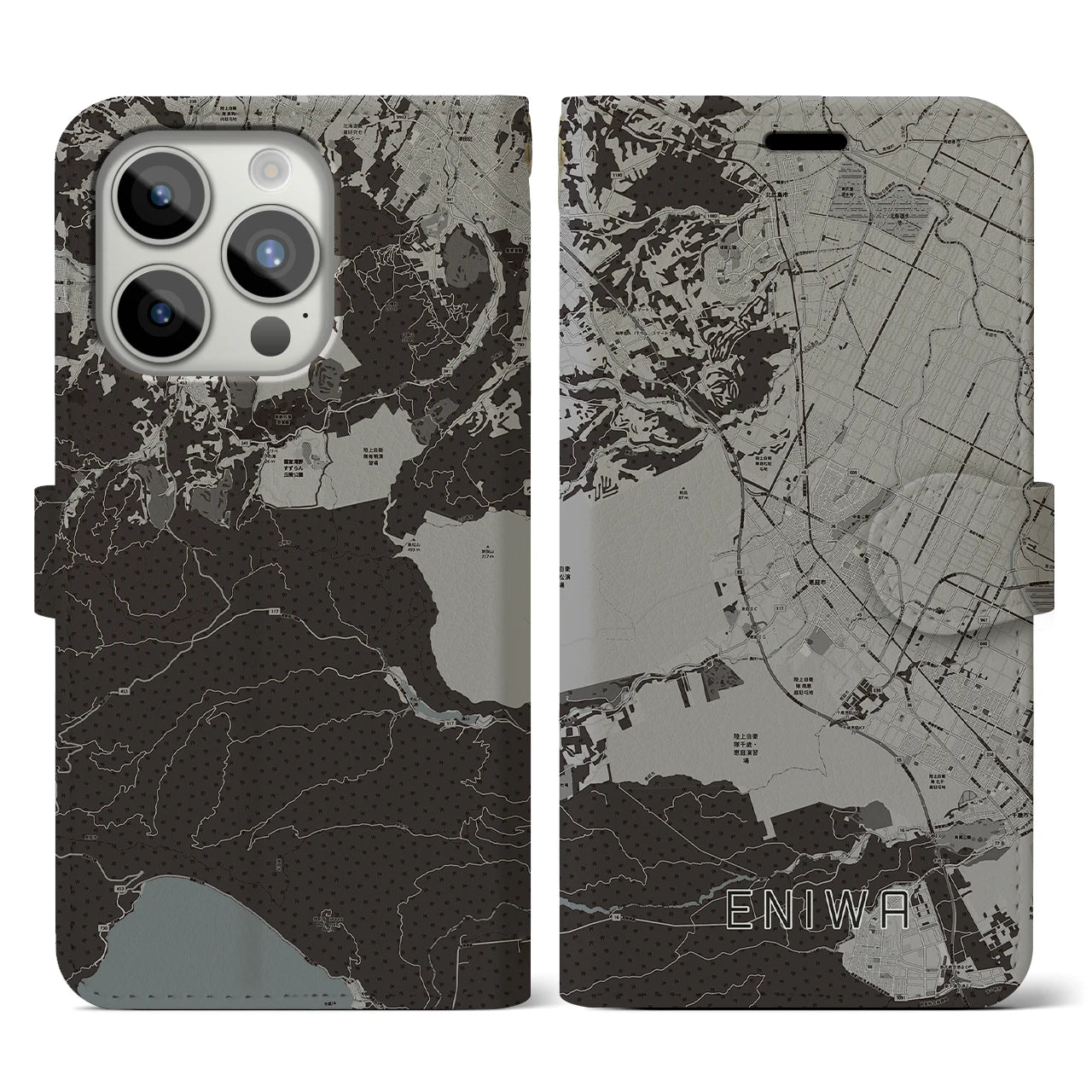 【恵庭(北海道)】地図柄iPhoneケース(手帳タイプ)モノトーン・iPhone 15 Pro 用
