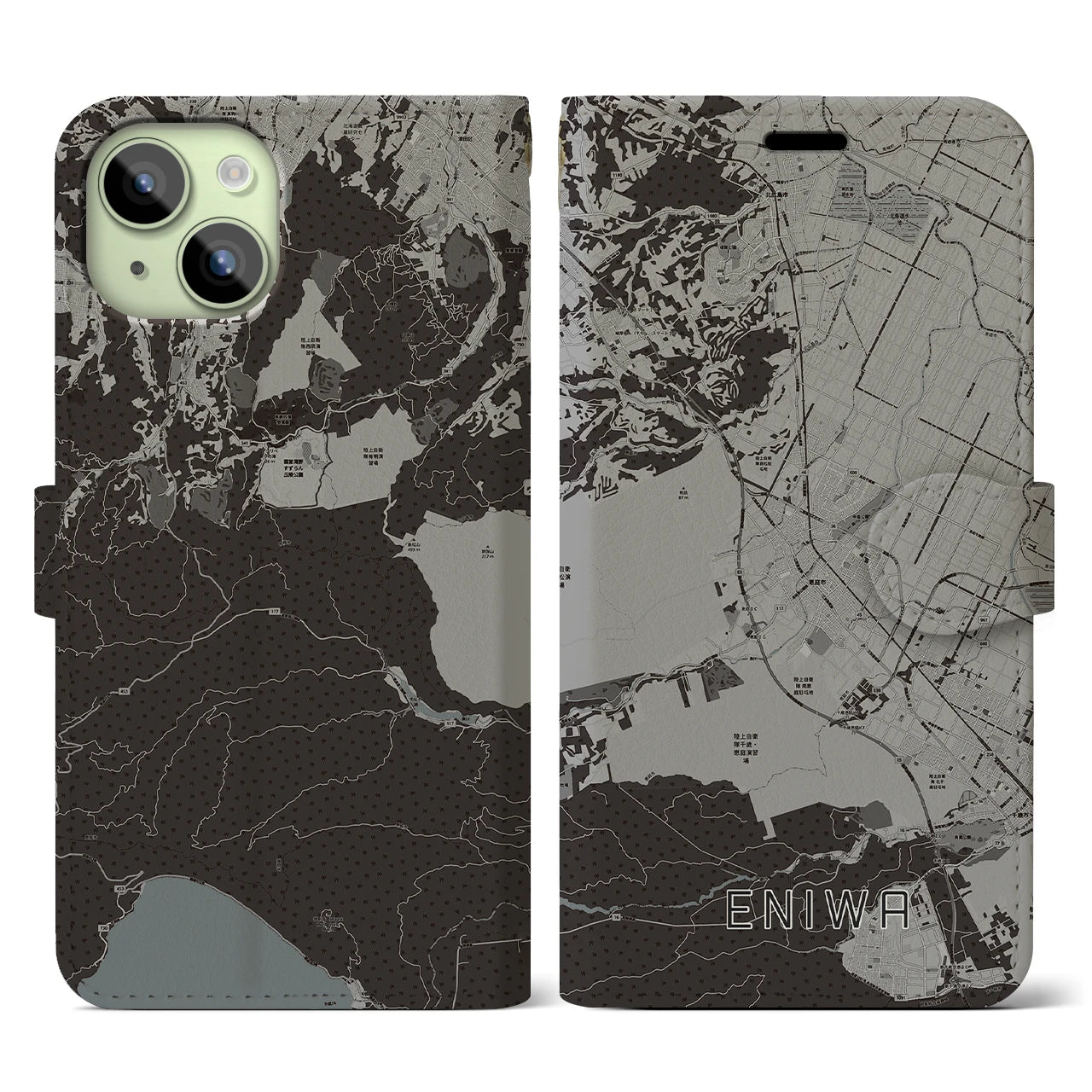【恵庭(北海道)】地図柄iPhoneケース(手帳タイプ)モノトーン・iPhone 15 用