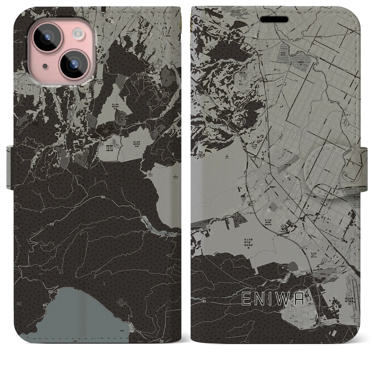 【恵庭(北海道)】地図柄iPhoneケース(手帳タイプ)モノトーン・iPhone 15 Plus 用