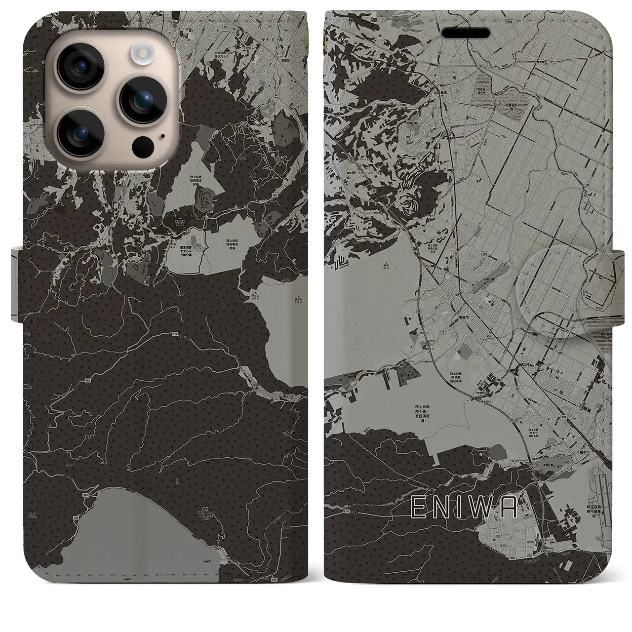 【恵庭(北海道)】地図柄iPhoneケース(手帳タイプ)モノトーン・iPhone 16 Plus 用