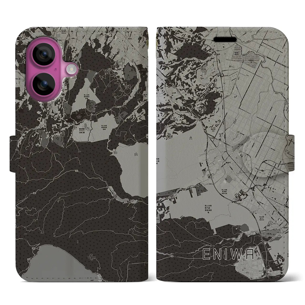 【恵庭(北海道)】地図柄iPhoneケース(手帳タイプ)モノトーン・iPhone 16 Pro 用