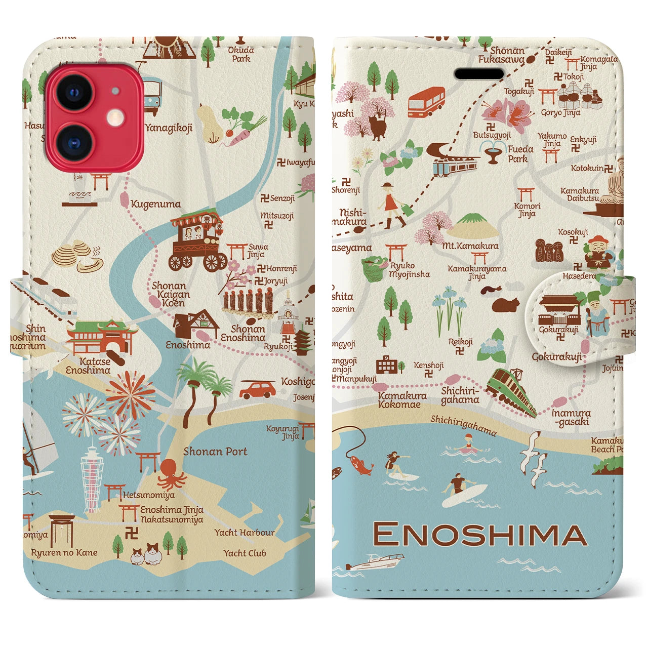 【江ノ島(イラスト)】イラストマップiPhoneケース(手帳タイプ)ブライト・iPhone 11 用
