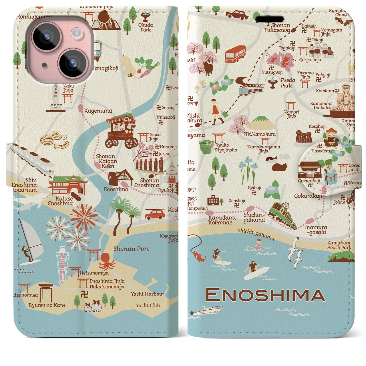 【江ノ島(イラスト)】イラストマップiPhoneケース(手帳タイプ)ブライト・iPhone 15 Plus 用