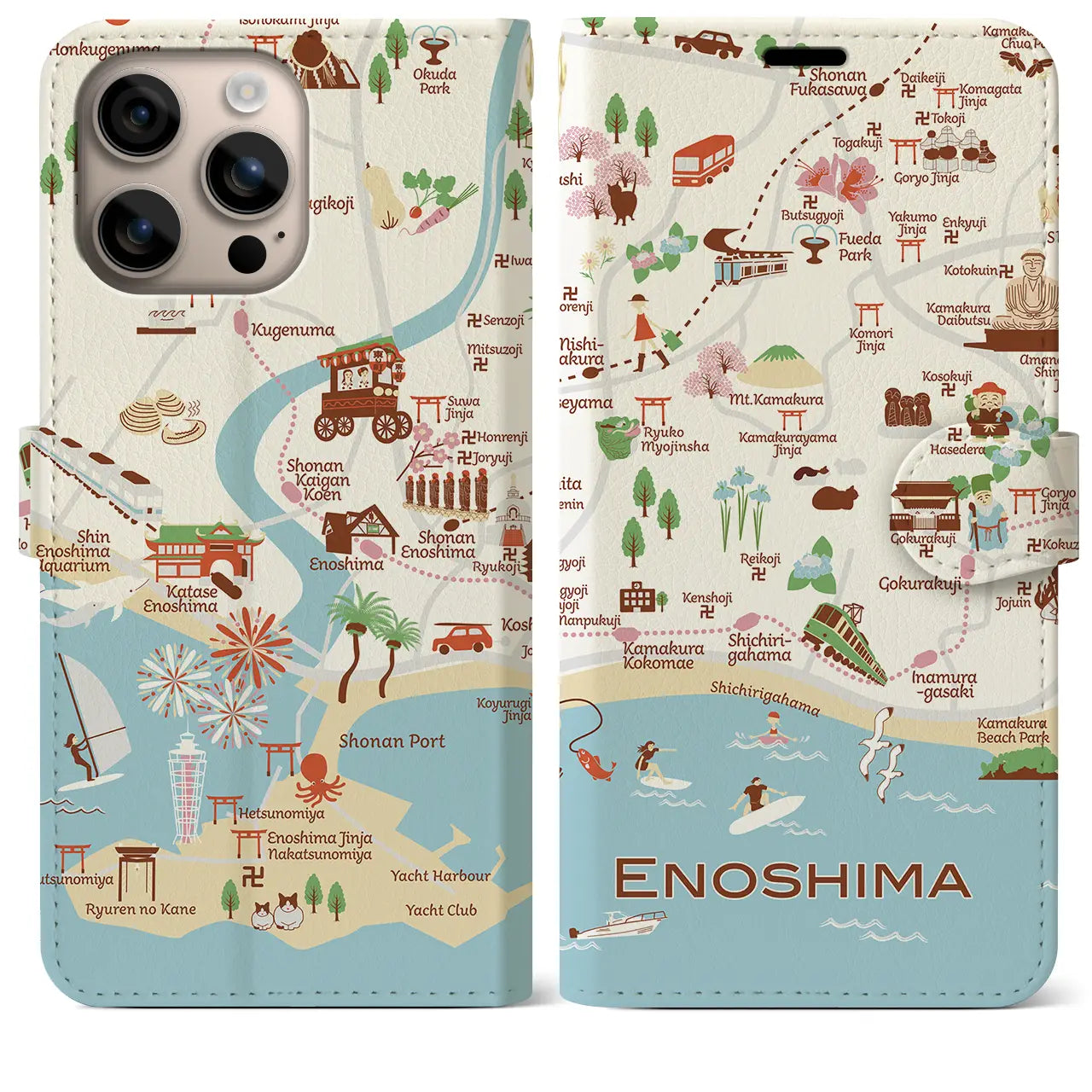 【江ノ島(イラスト)】イラストマップiPhoneケース(手帳タイプ)ブライト・iPhone 16 Plus 用