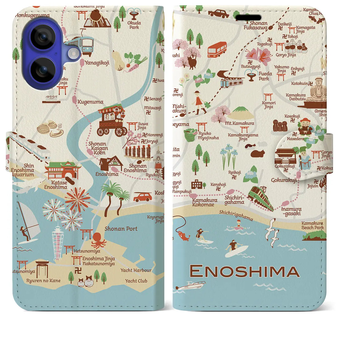 【江ノ島(イラスト)】イラストマップiPhoneケース(手帳タイプ)ブライト・iPhone 16 Pro Max 用