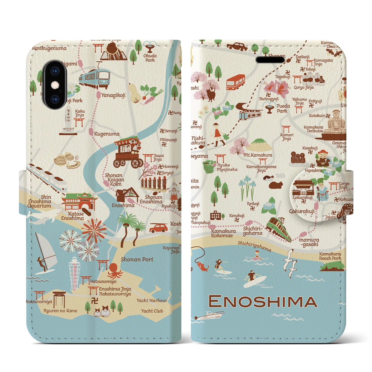 【江ノ島(イラスト)】イラストマップiPhoneケース(手帳タイプ)ブライト・iPhone XS / X 用