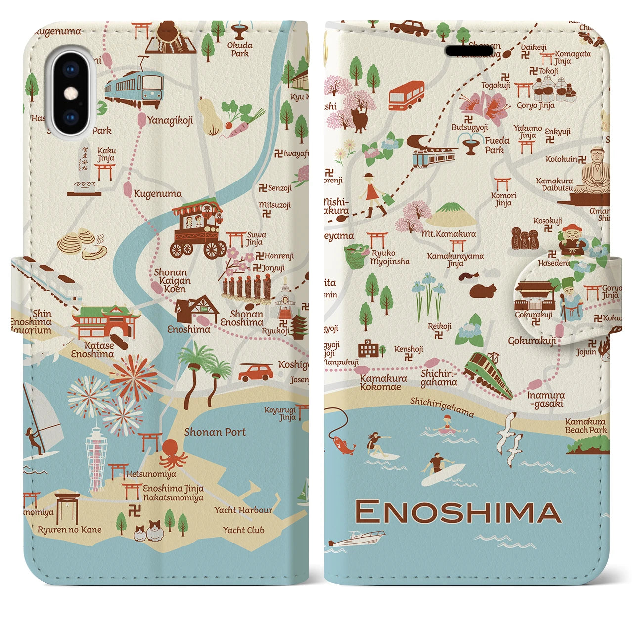 【江ノ島(イラスト)】イラストマップiPhoneケース(手帳タイプ)ブライト・iPhone XS Max 用