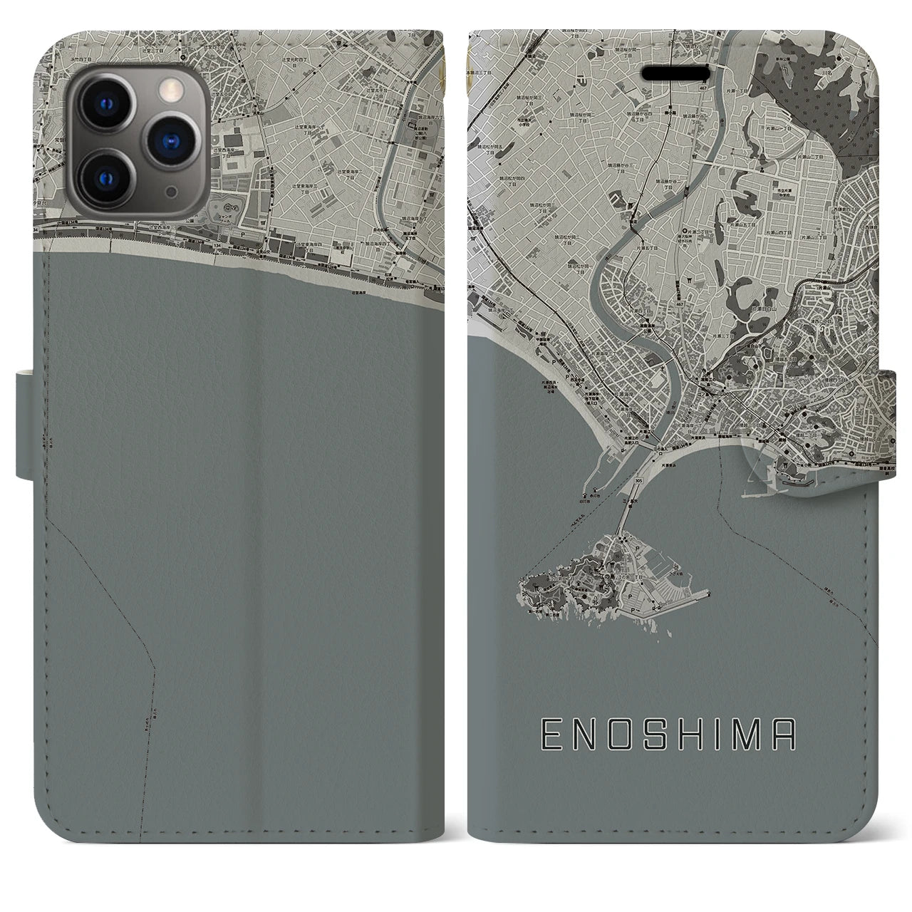 【江ノ島(神奈川県)】地図柄iPhoneケース(手帳タイプ)モノトーン・iPhone 11 Pro Max 用