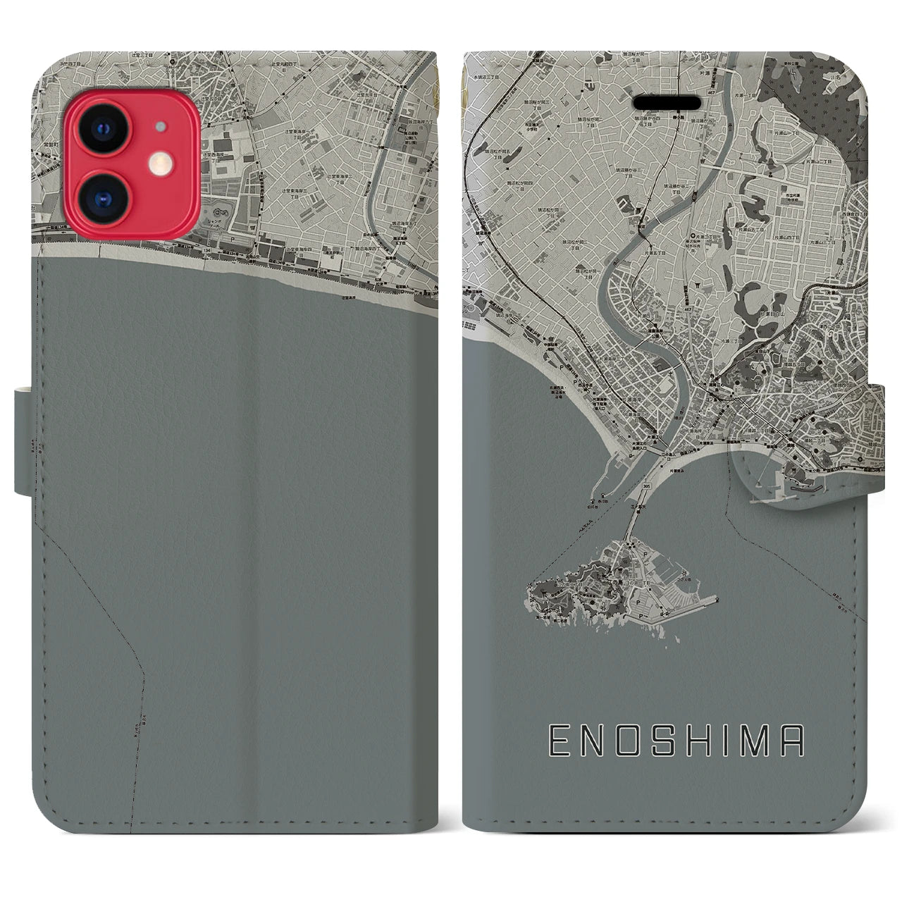 【江ノ島(神奈川県)】地図柄iPhoneケース(手帳タイプ)モノトーン・iPhone 11 用