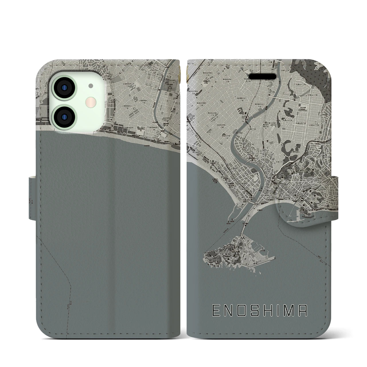 【江ノ島(神奈川県)】地図柄iPhoneケース(手帳タイプ)モノトーン・iPhone 12 mini 用