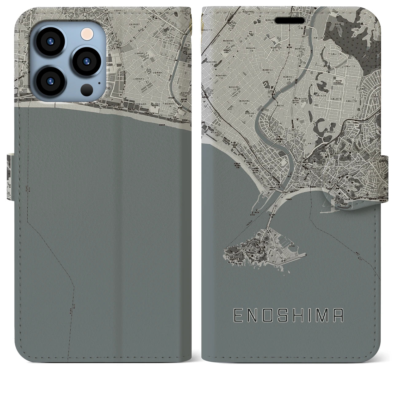 【江ノ島(神奈川県)】地図柄iPhoneケース(手帳タイプ)モノトーン・iPhone 13 Pro Max 用