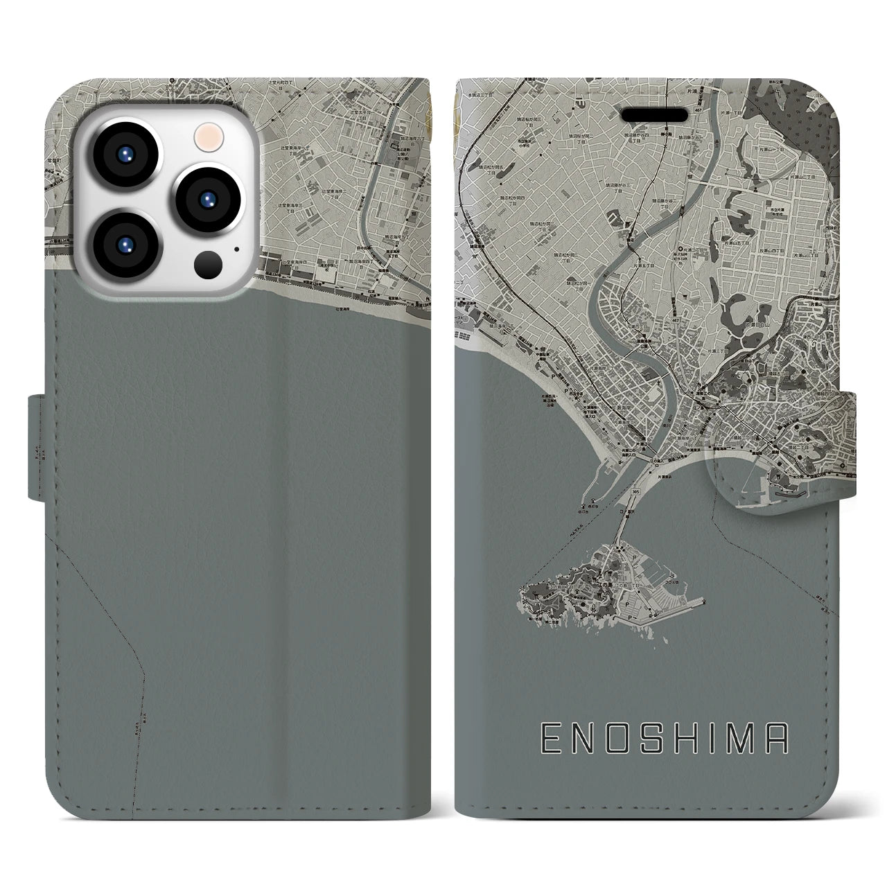 【江ノ島(神奈川県)】地図柄iPhoneケース(手帳タイプ)モノトーン・iPhone 13 Pro 用