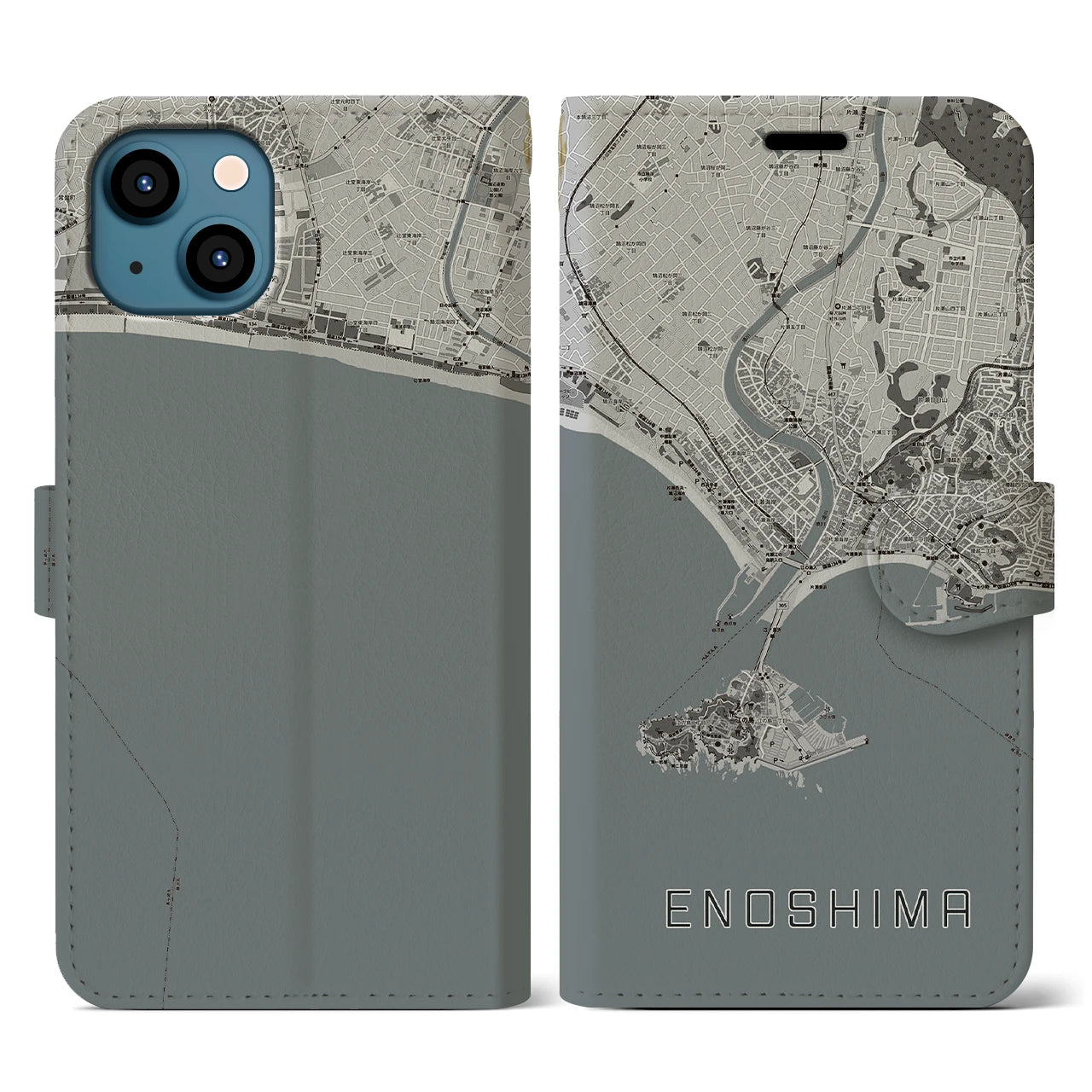 【江ノ島(神奈川県)】地図柄iPhoneケース(手帳タイプ)モノトーン・iPhone 13 用