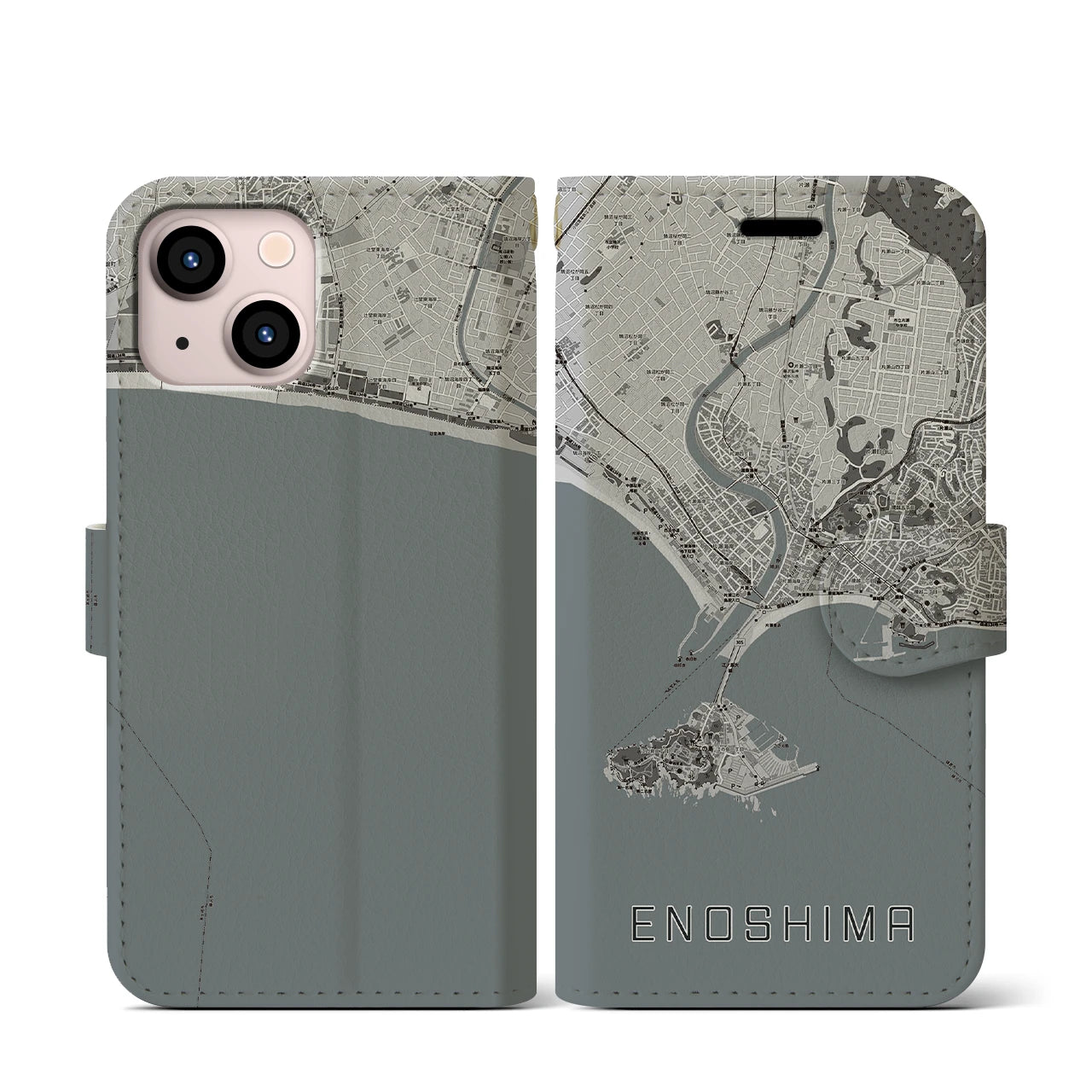 【江ノ島(神奈川県)】地図柄iPhoneケース(手帳タイプ)モノトーン・iPhone 13 mini 用