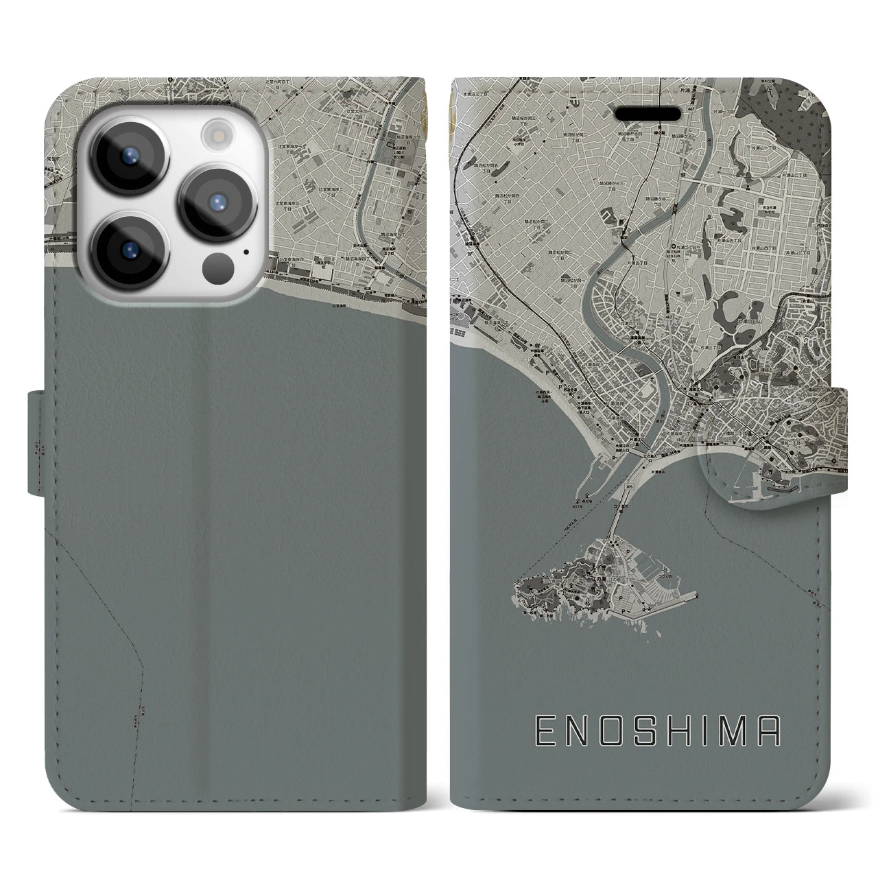 【江ノ島(神奈川県)】地図柄iPhoneケース(手帳タイプ)モノトーン・iPhone 14 Pro 用